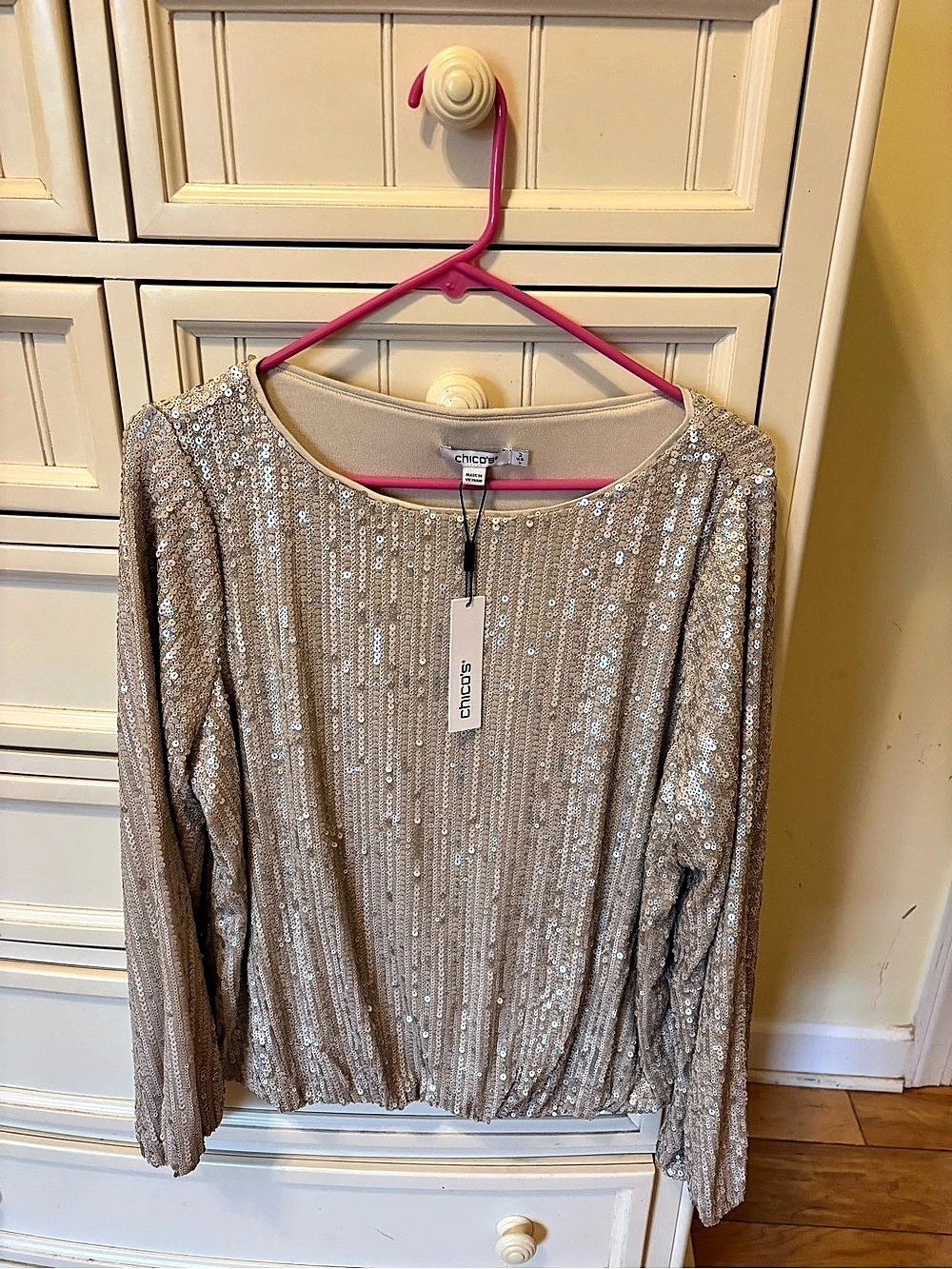 Chico's Drizzled Sequins Bubble-Hem Top Beige Size 2